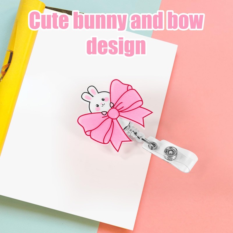 Pink Bow ID Card Holder, Pink, Cute Retractable Badge Holder