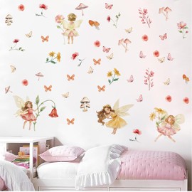 ANHUIB Wall Tattoo Fairy Flowers Wall Sticker Flowers Elves Butterflies Wall Sticker Children's Room Girls Mushroom Flower Butterfly Wall Sticker Wall Decoration for Children's Room Girls Baby Room