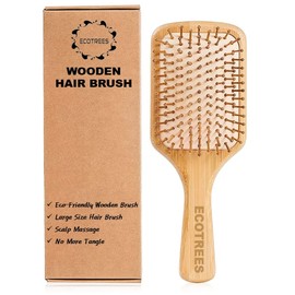 Hair Brush-Natural Wooden Bamboo Bristles Paddle Hairbrush Large. Eco-Friendly Massage Scalp & Detangling All Hair Types. No More Tangle.