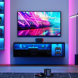 SogesPower Floating TV Stand Wall Mounted with Lights,LED TV Stand Floating Entertainment Center with Storage for Bedroom Living Room,Modern Floating Shelf for Under TV,Black 40"