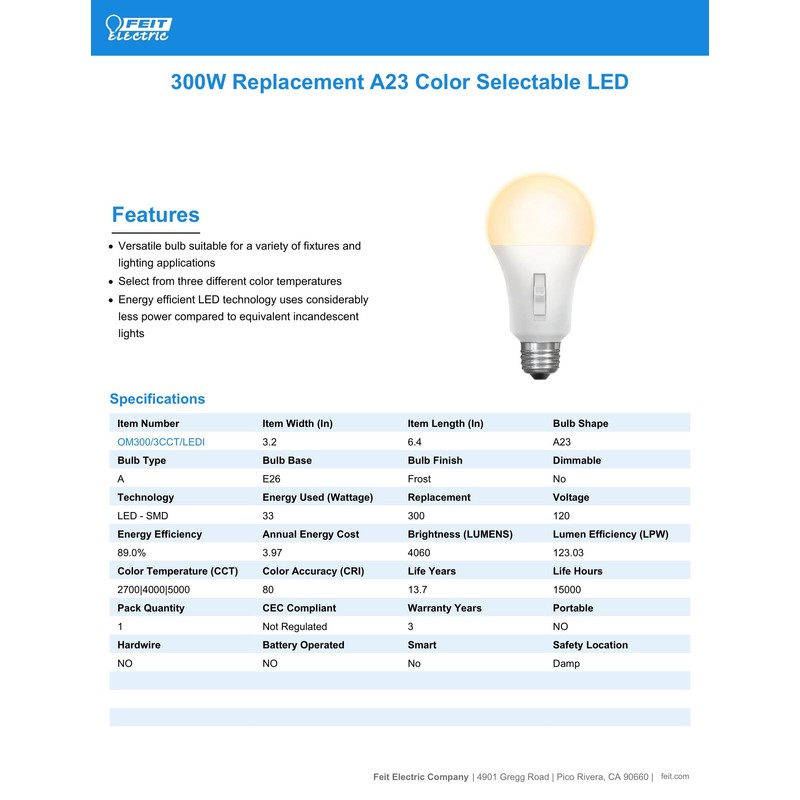 Feit Electric LED Three-Color Selectable Intellibulb - A23 with an