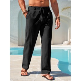 Runcati Mens Linen Cotton Casual Pants Elastic Waist Drawstring Lightweight Pants Loose Fit Summer Beach Yoga Trousers Black