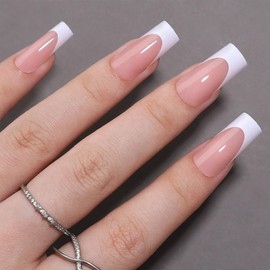 WAFOLOZE White French Tip Press On Nails - Long Press On Nails Square Fake Nails with Nail Glue, Artificial Nails 16 Sizes - 32Pcs False Nails Tips DIY Kit, Stick On Nails for Women