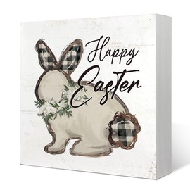 Yetmadi Spring Bunny Decor, Spring Tiered Tray Decor, Spring Wood Tabletop Decor Bunny Sign Rustic Farmhouse Decor for Home Table Shelf Decor, Happy Easter Sign, 5x5 Inch