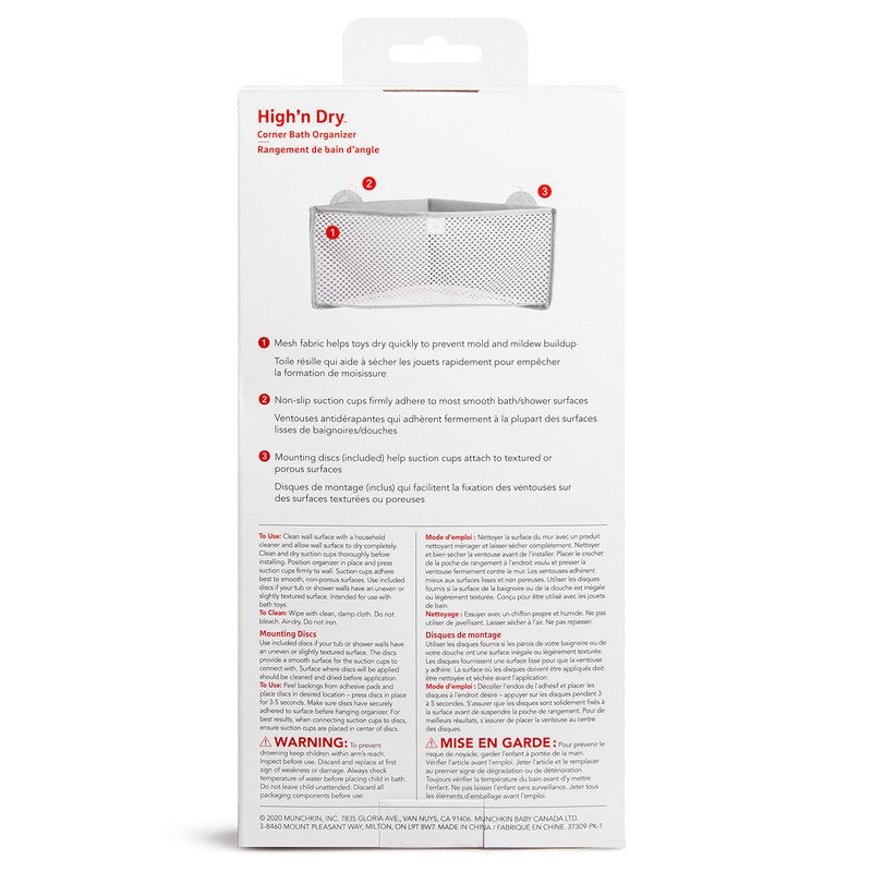 Munchkin High'n Dry Corner Bath Toy Organizer, Grey