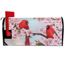 Wamika Spring Flowers Birds Mailbox Covers Magnetic Summer Sakura Red Cardinal Mailbox Cover Standard Size 18" X 21" Mailbox Wraps Post Letter Box Cover Home Garden Decorations