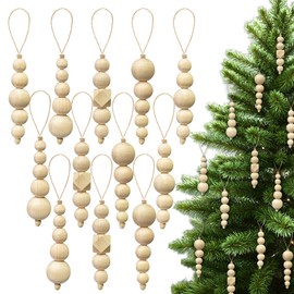 AerWo 24 Pcs Wood Christmas Tree Ornaments Christmas Beads, 4 Styles Neutral Christmas Ornaments Natural Beads, Boho Christmas Decor Farmhouse Xmas Ornament for Xmas Tree Home Hanging Decor
