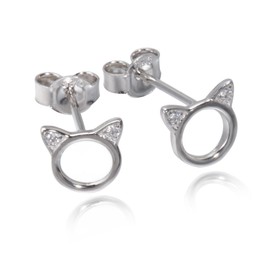 Cat Stud Earrings Sterling Silver Tiny Small Cute cat Earrings Cubic Zirconia Earrings for Women (Silver)