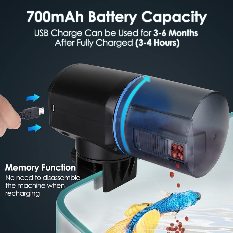 Lukovee Automatic Fish Feeder, Feeding Time Display USB Rechargeable Timer