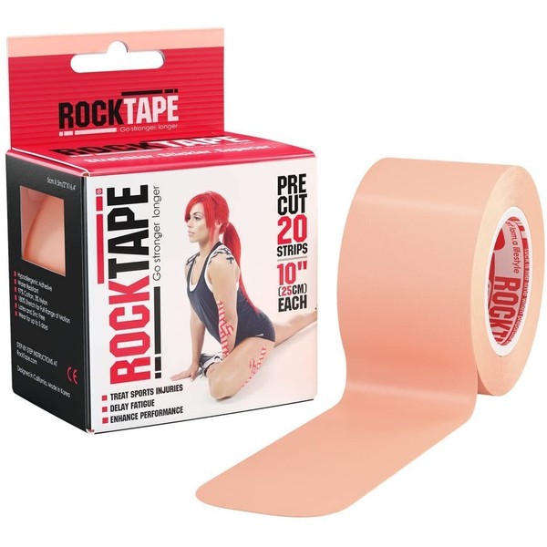 RockTape Original 2-Inch Water-Resistant Kinesiology Tape, 20 Pre-Cut Strips, Beige