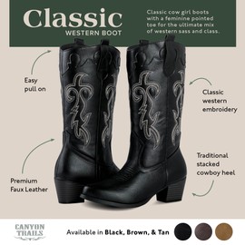 Canyon Trails Cowboy Boots for Women - Traditional Style Cowgirl Boots Comfortable Women Western Boots for Women & Teen Girls - Cowgirl Boots Women, Black, 10