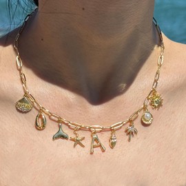 JALZEMPL Gold Initial Charm Necklaces For Women Shell Letter Paperclip Chain Necklace Summer Seashell Starfish Beach Pendant 14k Boho Surfer Jewelry Gift (M)