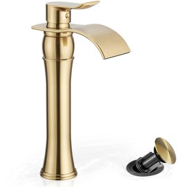 HOIGY Gold Vessel Sink Faucet, Brass Tall Bathroom Faucets, Single Handle Bathroom Faucet 1 Hole, Waterfall Faucet for Bathroom Sink Mixer Bowl Tap for Hotel Classic with Pop Up Drain Deck Mounted