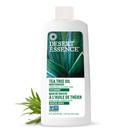 Desert Essence Alcohol-Free Mouthwash with Tea Tree Oil and Aloe, Sugar-Free, Oral Rinse to Provide Botanical Care for Teeth & Gums, Vegan, Non-GMO, SLS-Free, Gluten-Free, Spearmint Flavor, 8oz