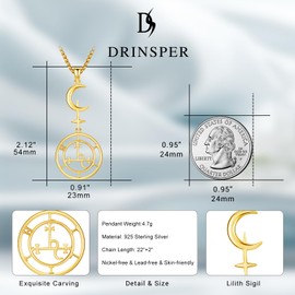 DRINSPER Lilith Goddess Necklace for Women Men 925 Sterling Silver Sigil of Lilith Seal Astrology Crescent Moon Cross Pendant Pagan Witchy Moonstone Amulet Witchcraft Jewelry,Gold