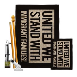 Abolish ICE United We Stand with Immigrants Burlap Flag Kit Stand Pole Burlap Wall Hanging Decor Home Porch Bandera para Mexican Gifts SF NY MAGA Sign Protest Poster Decor Los Angeles Pride