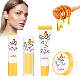 4Pcs Lip Care Set - Lip Mask Lip Balm Lip Oil Lip Scrub, Honey Milk Overnight Sleeping Mask Lip Repair Set, Moisturizing & Nourishing Dry and Cracked Lips, Natural Lip Scrub Exfoliator Lip Balm Set