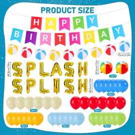 54Pcs Pool Party Decorations Splish Splash Beach Birthday Party Decorations Summer Luau Tropical Beach Pool Decorations Blue Foil Fringe Curtains Colorful Balloons Backdrop for Summer Party