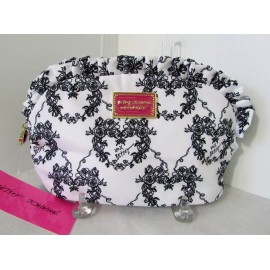 Betsey Johnson Large Cosmetic Bag Makeup Ruffle White Floral Bouquet Roses NWT