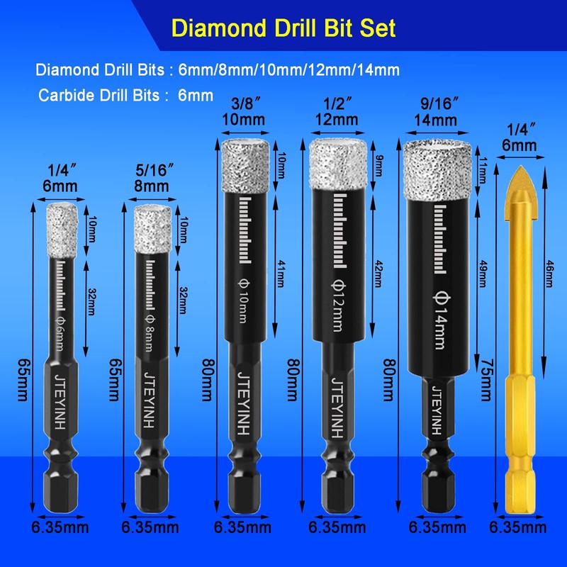 6 PCS Dry Diamond Drill Bits Set，Diamond Hole Saw Set