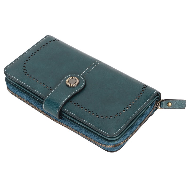 RFID Blocking Leather Wallet Large Capacity Double Snap Button Women