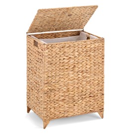 Large Laundry Hamper with Lid and Removable Liner Bag, Wicker Laundry Basket with Heightened Feet, Foldable Rattan Clothes Hamper, Handwoven Water Hyacinth Laundry Basket for Clothes and Towels