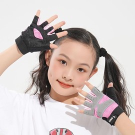 TINAYAUE Kids Cycling Gloves Summer Breathable UV Protection Non Slip Shockproof Half Finger Gloves for Boys Girls Riding Biking Roller Skating Sports Training (Pink, M)