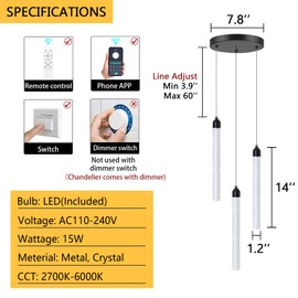 3 Light Black Pendant Lighting Mini Chandelier for Kitchen Island Modern Crystal LED Pendant Light Adjustable Dimmable Pendant Light Fixture for Dinning Room Bedroom Ceiling Hanging Lights 2700K 6000K
