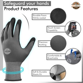 SAFECASTLE Safety Work Gloves Foam Nitrile Coated Liquid Repellent Level A4 Cut Resistant Safety Nitrile Grip Gloves Ideal for Multi Purpose, Automotive, Home Improvement, Reusable 12 Pairs,10/XL