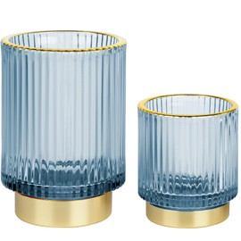 FullMeet Makeup Brush holder Organizer, Crystal Glass Toothbrush Holders, Striped Make Up Brush Holder for Vanity, Pen Holder for Desk, Vase -Blue (S+L)