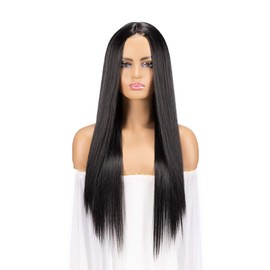 Black Heat Resistant Synthetic Hair Middle Front Lace Women Wig 24 Inches Natural Straight Hair Human Hair Density,Hand Made Glue-less Wig