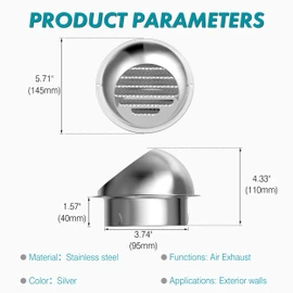 4 Inch Wall Vent Cover, HG Power Dryer Vent Cover Outside with Screen Mesh, Stainless Steel Exhaust Vent, Round Air Vent Covers for Outdoor Ventilation System 95mm, Silver
