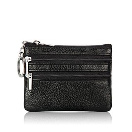 DcSpring Ladies Genuine Leather Small Coin Purse with Zip Womens Mens Mini Wallet Pouch with Key Ring (Black)