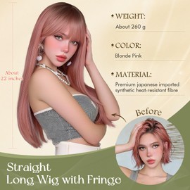 SOFEIYAN Long Straight Pink with Dark Roots Wigs for Women - 22 Inch Wig with Bangs Natural Looking Soft Heat Resistant Synthetic Wigs for Women Daily Party Use