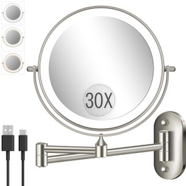 30X/1X Wall Mounted Lighted Makeup Mirror, 8'' Double Sided Rechargeable Magnifying Bathroom Mirror with Light, 3 Color Lights Touch Dimmable Extended Arm 360 Rotation Light up Mirrors