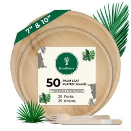 EcoRhine Disposable Palm Leaf Plates Round Set with Cutlery, 7 & 10 Inch Like Bamboo Disposable Plates, Compostable & Biodegradable Dinnerware for Weddings, Parties, and Dinners - 100 Pcs