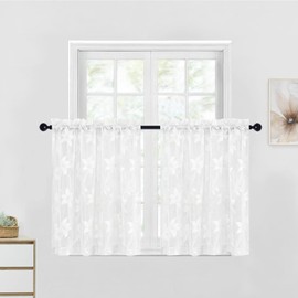 DWCN White Sheer Rod Pocket Curtains - Window Voile Floral Lace Drapes for Bedroom Kitchen Short Curtains 42 x 36 inch Length, Set of 2 Curtain Panels