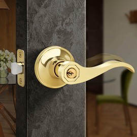 Moquin Wave Design Keyed Entry Door Lever with Lock, Reversible Door Handle for Right/Left Side for Front/Entrance Door Lock in Polished Brass Finish