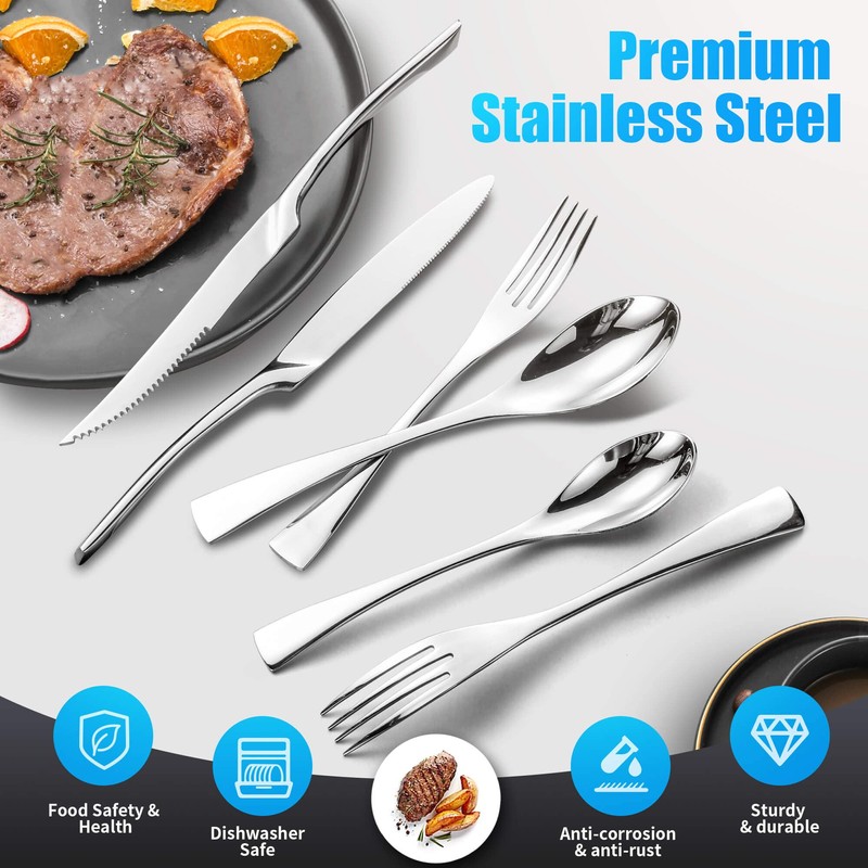 Lemeya 24-Piece Silverware Set with Steak Knives,Forged 18/10 Stainless Steel