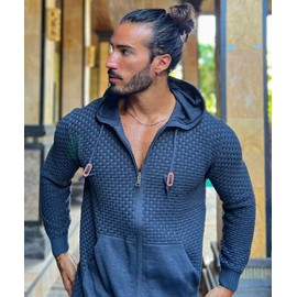 Zaitun Men's Full Zip Up Hooded Cardigan Sweater with Pockets Gunmetal Grey