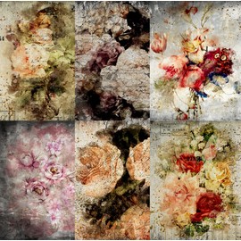 Distressed Bouquet Rice Paper 8" x 10.5" - 6 x Assorted Printed Mulberry Paper Images 30gsm Visible Fibers for Decoupage Crafts Mixed Media Collage Art