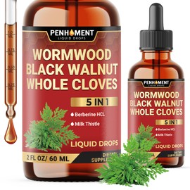 5in1 Wormwood Liquid Drops - Black Walnut Cloves Extract, Berberine, Milk Thistle - 2 Fl oz - 60 Days Supply
