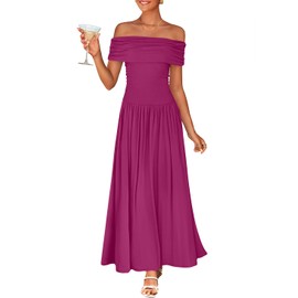 ZESICA Women's Off The Shoulder Maxi Dress 2025 Summer Sleeveless Casual Slim Swing Pleated Formal Party Dresses,Dragon Fruit,Small