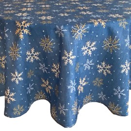 Lintex Blue Farmhouse Snowflake Fabric Christmas Tablecloth - Blue, Gold and White Country Rustic Holiday Tablecloth, 60” x 84” Oval
