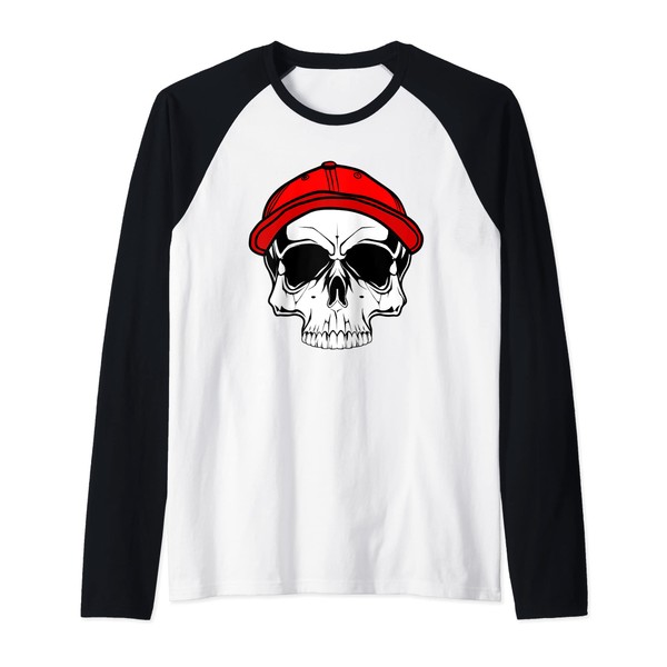 Cool skull with hat, red cap Raglan Baseball Tee