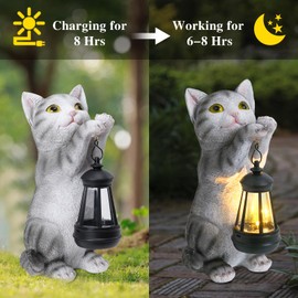 Afirst Solar Cat Statue Garden Decor, Outdoor Statue Decor with Solar Lantern Lovely Cat Figurine Patio Lawn Yard Art Ornaments Housewarming Gift
