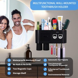 Bathroom Toothbrush Holder Set,Wall Mounted Toothbrush Holder Toothpaste Dispenser,Electric Toothbrush Holder with 2 Cups,6 Toothbrush Slots,Cosmetic Drawer (Large)