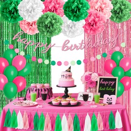 Witch Birthday Party Decorations, Pink and Green Witch Theme, Happy Birthday Party Supplies Set Includes Balloons, Paper Pom Poms, Fringe Curtain, Birthday and Dot Banner for Boys and Girls Decor