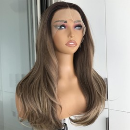 mytonecoo Pre Plucked Highlight Sandy Brown Straight Glueless Synthetic Lace Front Wig with Dark Roots Ready to Wear Honey Blonde Balayage Wig for Women Pre Layered Wig 20Inch