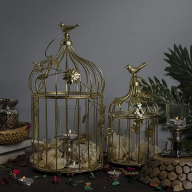 Home deco Golden Bird Cage with Floral Vine, with Chain, Decorative Tealight Candle Holder | Home Decor Items - Pack of 2